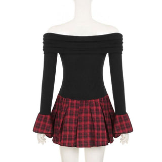 Off shoulder long sleeve plaid fluffy mini dress
