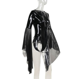 Long flared sleeve PU leather cross front bodysuit