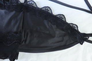 Deep v neck cross front lace hem backless cami mini dress