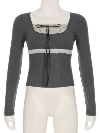 Long sleeve patchwork lace hem bowknot ruched top
