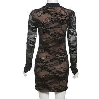 High neck long sleeve lace hollow out cut out mini dress