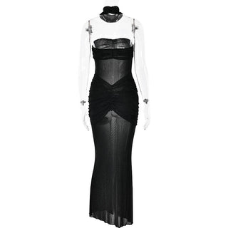 Sweetheart neck ruched see through glitter tube maxi dress