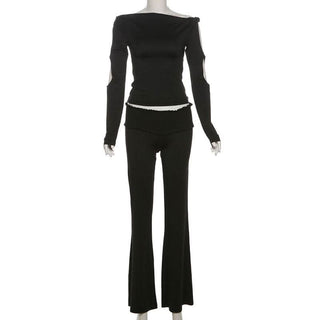 Long sleeve hollow out off shoulder smocked pant set