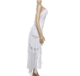 V neck sheer mesh ruffle cami midi dress-final-sale