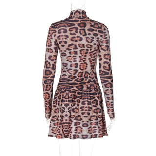Leopard print long sleeve high neck mini dress