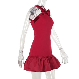 Halter bowknot cross back ruffle mini dress