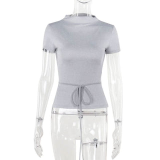 Short sleeve crewneck self tie backless top