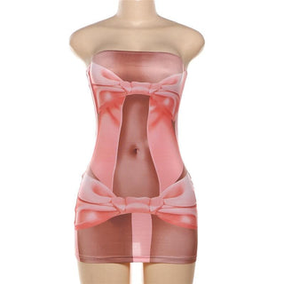 Bowknot print backless contrast tube mini dress