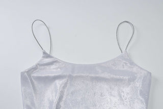 U neck metallic ruched backless cami maxi dress