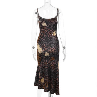 U neck leopard print irregular cami midi dress