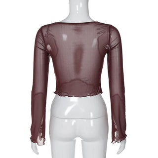 Sweetheart neck long sleeve mesh crop top