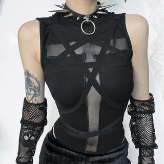 Crewneck patchwork cross front cross pattern tank top