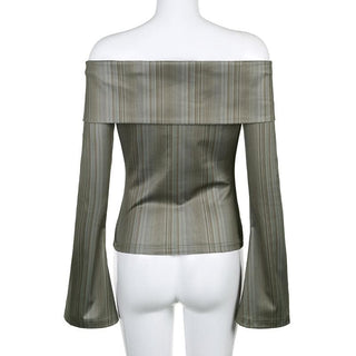 Striped off shoulder contrast long flared sleeve button top