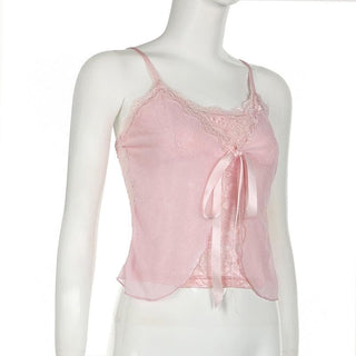 Lace patchwork ruffle ribbon mesh knotted cami top
