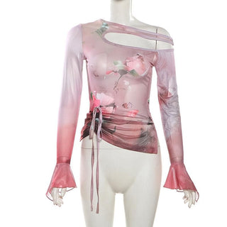 Long flared sleeve sheer mesh print top
