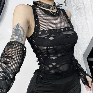 Crewneck fishnet buckle hollow out lace up tank cut out top