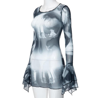 Long flared sleeve sheer mesh print ruffle mini dress