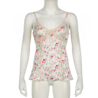 Print v neck lace hem ruffle knotted cami top
