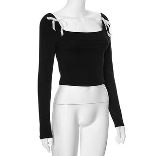 Long sleeve bowknot square neck contrast top