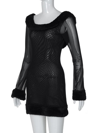Long sleeve u neck fluffy mesh see through mini dress