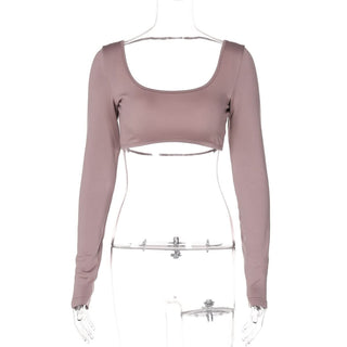 Long sleeve u neck backless solid top