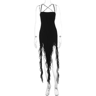 Ruffle cross back solid lace up cami maxi dress