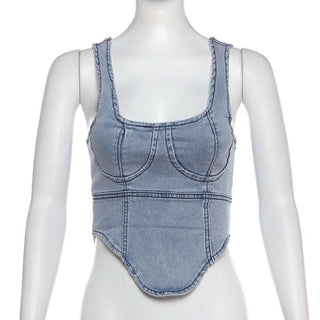 Denim square neck zip-up sleeveless tank top
