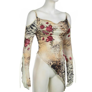 Long sleeve off shoulder irregular print cami top
