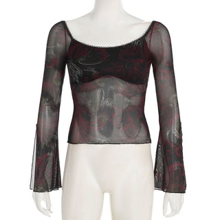 Long flared sleeve abstract mesh top