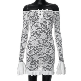 Long flared sleeve lace up lace see through mini dress