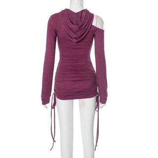 Hoodie long sleeve drawstring off shoulder mini dress