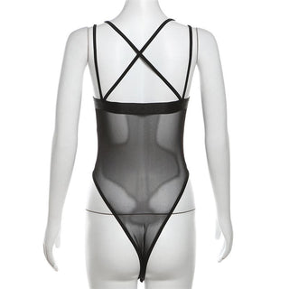 Stitch mesh patchwork cross back cami bodysuit