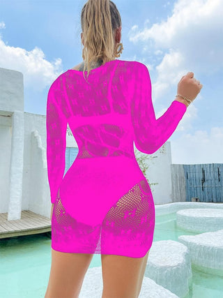 Long sleeve crewneck fishnet pattern mini dress