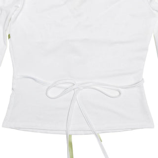 Lace hem long sleeve v neck ribbon ruched top