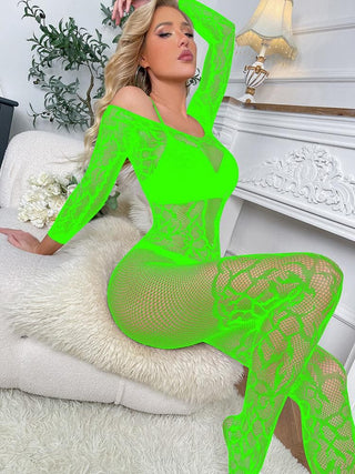 Long sleeve off shoulder fishnet pattern bodystocking