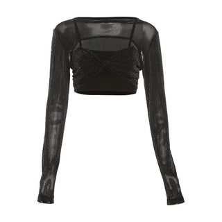 Textured long sleeve crewneck shrug 2 piece crop top