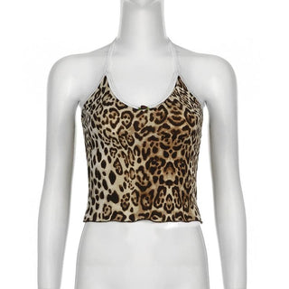 Leopard print halter v neck flower applique cami top