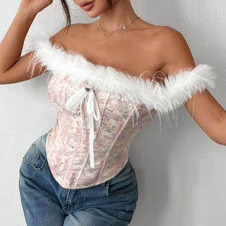 Off shoulder fluffy print corset bowknot top