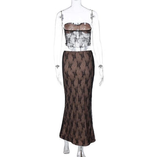 Lace contrast self tie backless tube maxi skirt set