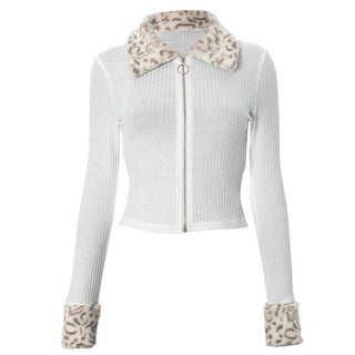 Zip-up long sleeve turnover collar leopard fluffy top