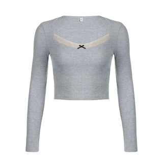 Ribbed lace hem long sleeve contrast v neck crop top