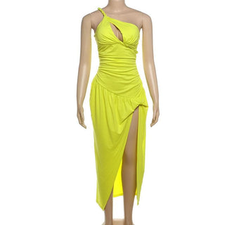 One shoulder slit ruched hollow out cut out midi dress