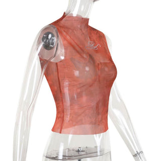 Sheer mesh beaded print crewneck sleeveless top