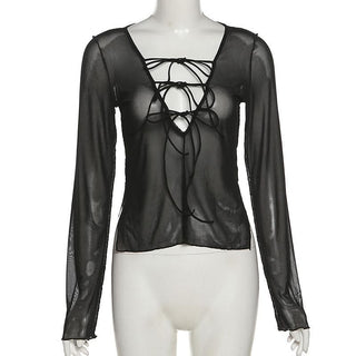 Long sleeve v neck sheer mesh self tie slit top