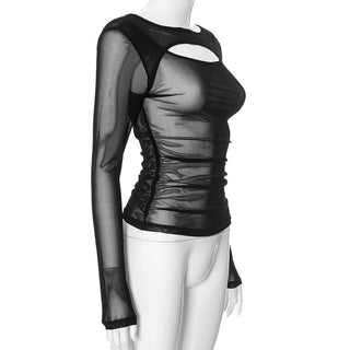 Long sleeve ruched sheer mesh solid top