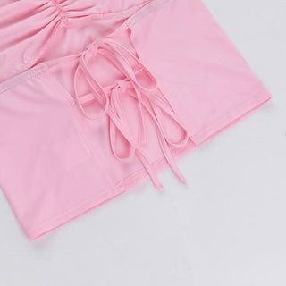 Halter self tie lace v neck ruched backless top