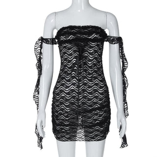 Off shoulder ruffle lace bowknot see through mini dress