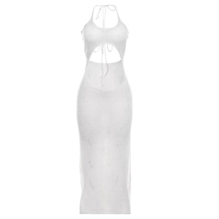 Self tie halter hollow out see through knitted cut out maxi dress