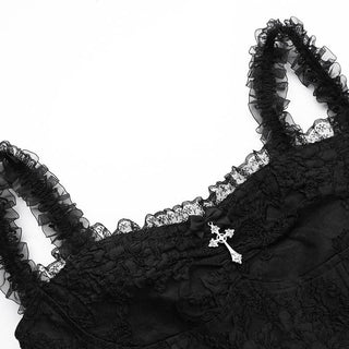 Ruffle zip-up cross applique square neck mini dress