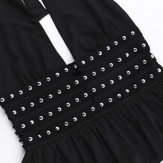 Halter deep v neck ruched ruffle rivet top